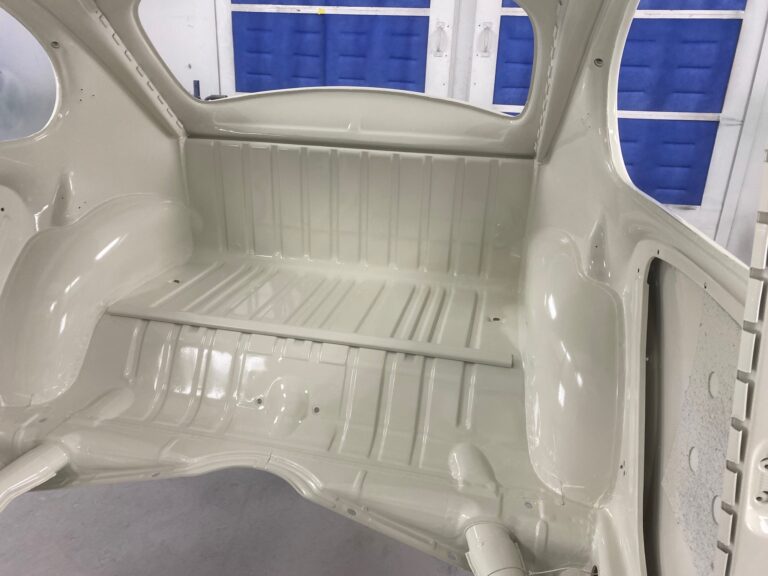 1965 sunroof vw beetle body into base and clear coats of paint silver lining auto restoration oregon