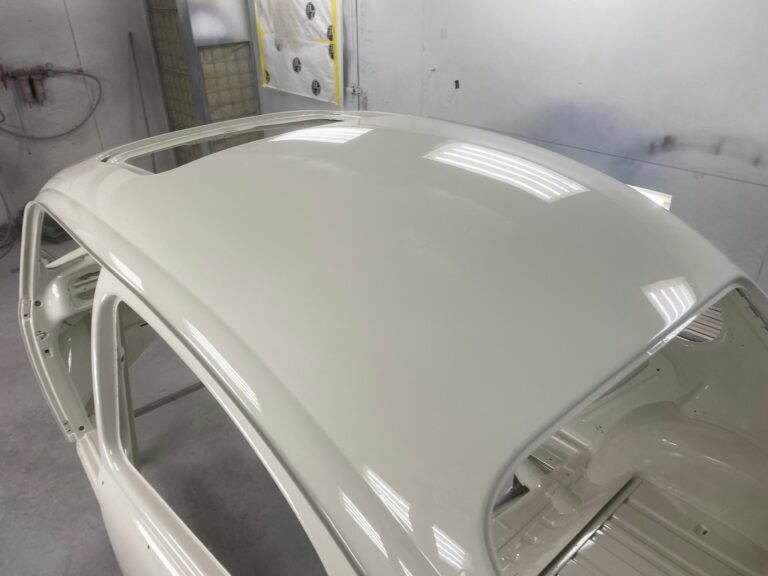 1965 sunroof vw beetle body into base and clear coats of paint silver lining auto restoration oregon