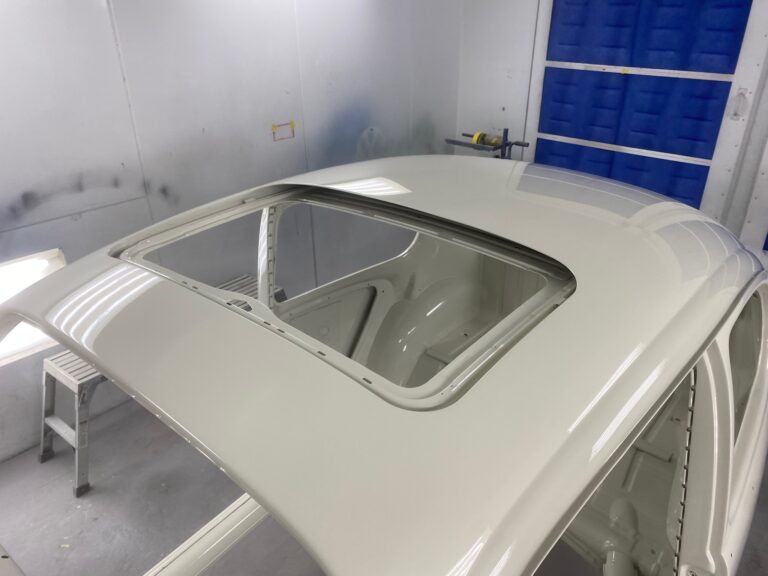 1965 sunroof vw beetle body into base and clear coats of paint silver lining auto restoration oregon